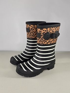 Joules Molly Welly Rain Boots Black/White Stripes & Leopard Print Women's Size 5